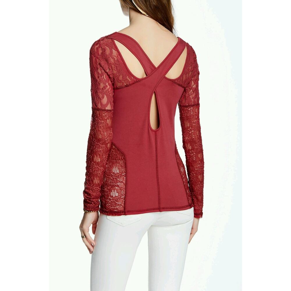 NEW Free People Sweet Thang Blouse Sz S Crisscross Back Sheer Lace Long-Sleeve